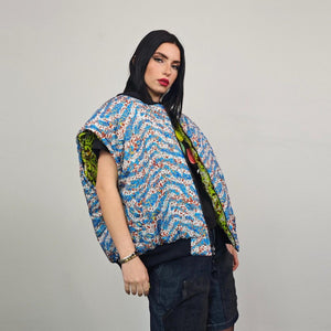 Neon leopard bomber animal print jacket fluorescent reversible college varsity detachable sleeves handmade rave puffer cyber festival coat