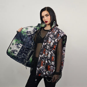 Zombie print jacket horror fan bomber reversible creepy punk college varsity detachable sleeves handmade gothic puffer hooded festival coat