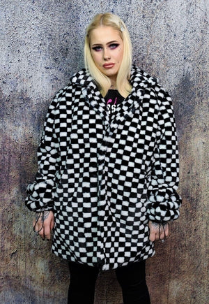 Chequerboard fleece jacket handmade 2 in 1 check coat black