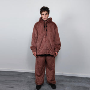 Faux fur joggers luxury fluffy pants handmade fleece trousers long hair premium overalls in brown