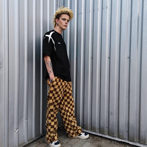 Checked fleece jacket brown hooded geometric bomber plaid grunge coat detachable sleeves handmade check pattern overcoat fuzzy festival set