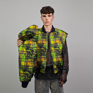 Punk bomber pink check plaid jacket anarchy sign reversible college varsity detachable sleeves handmade grunge doll print festival rave coat