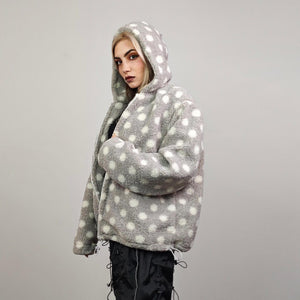 Spot pattern fleece jacket gray hooded polka dot bomber retro geometric coat detachable sleeves handmade preppy overcoat fluffy festival set