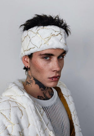 Fleece headband luxury fluffy head cover golden foil white