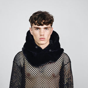 Faux fur hood black snood handmade hooded hat all over fluffy fleece scarf unisex bucket grunge headwear