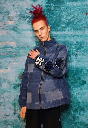 Reworked denim patch bomber jean puffer jacket in blue check
