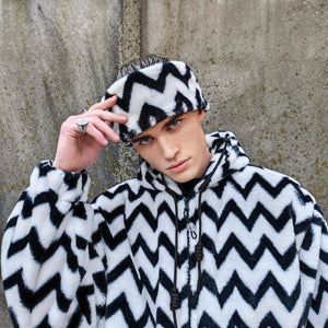 Zigzag fleece jacket green hooded geometric bomber luxury grunge coat detachable sleeves handmade stripe pattern overcoat fuzzy festival set