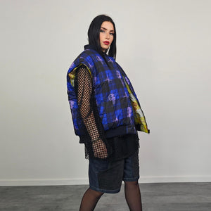 Tribal bomber yellow tattoo print jacket Aztec reversible college varsity detachable sleeves handmade checked puffer grunge plaid punk coat