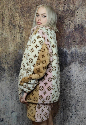 LV fleece jacket reworked faux fur fluffy bomber cream