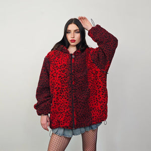 Animal print hooded jacket red leopard fleece bomber padded cheetah pullover detachable sleeves handmade top spot pattern festival overcoat