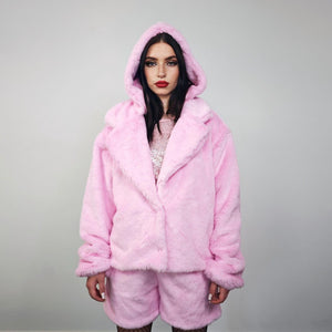 Collarless faux fur coat pastel pink fuzzy trench hairy crop jacket detachable sleeves handmade fluffy party overcoat fluffy festival set