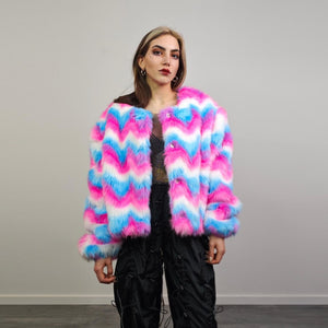 Rainbow faux fur coat short striped collarless jacket unicorn trench fluffy detachable sleeves handmade festival overcoat burning man fleece