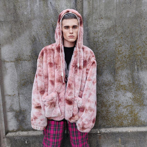 Blue tie-dye fleece jacket hooded gradient bomber luxury fluffy rave coat detachable sleeves handmade abstract overcoat fuzzy festival set