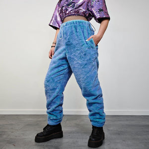 Chameleon faux fur joggers blue luminous fleece pants color changing trousers psychedelic bottoms handmade rave festival set
