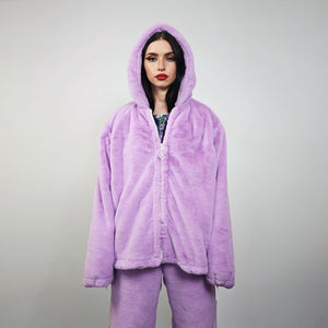 Faux fur hooded coat lilac soft fleece hoodie luxury fluffy jacket detachable sleeves handmade solid color party overcoat fuzzy festival set