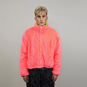 Neon pink fleece rave jacket reversible fluorescent hooded party bomber fluffy coat detachable sleeve two sided overcoat fuzzy festival set