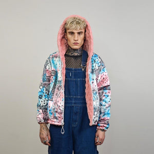 Pink fleece joggers fluffy pants cozy festival trousers retro geometric overalls raver outfit fuzzy jumpsuit burning man set