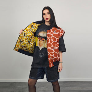 Animal print bomber yellow giraffe jacket reversible college varsity detachable sleeves handmade grunge raver coat festival puffer