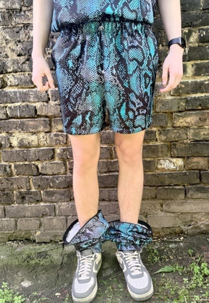Detachable snake joggers handmade shorts python pants blue
