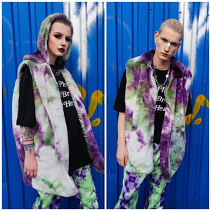 Tie-dye fleece coat green purple faux fur gradient trench grunge overcoat detachable handmade rave puffer festival bomber Coachella jacket