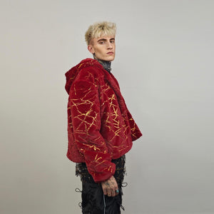 Collarless going out coat red gold glitter trench shiny embellished fleece jacket detachable sleeves handmade party overcoat festival set