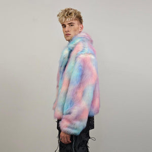 Rainbow faux fur coat tiedye trench shaggy cropped gay jacket LGBT bomber fuzzy unicorn detachable sleeves festival overcoat carnival fleece