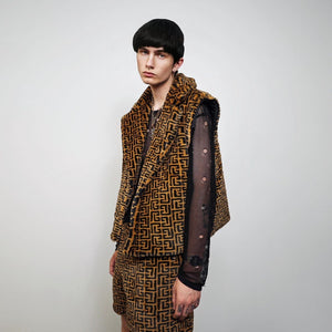 Arabic pattern short coat brown black fleece trench geometric print jacket detachable sleeves handmade zigzag party overcoat festival set