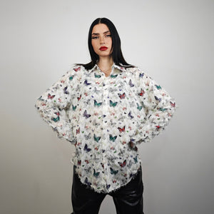 Butterfly print shirt fluffy long sleeve blouse ruffle finish romantic top retro 00s pattern jumper in off white