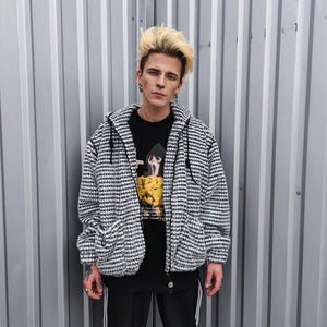 Geometric fleece jacket hooded fluffy bomber luxury striped coat detachable sleeves handmade removable sleeves overcoat fuzzy festival set