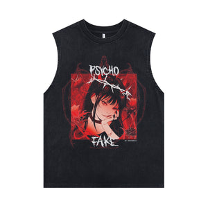 Psycho slogan sleeveless t-shirt anime girl print surfer vest Japanese tank top in acid wash black