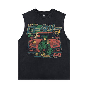 Car print sleeveless t-shirt retro Japanese surfer vest 80s anime tank top in acid wash black