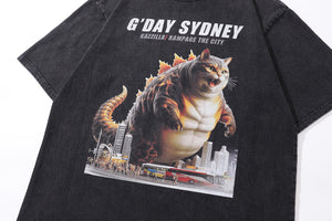 Sydney t-shirt cat print tee creepy cartoon top in vintage grey