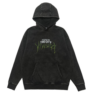 Thunder print hoodie cyberpunk pullover city slogan jumper in acid vintage grey