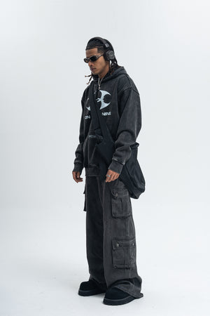 Cyberpunk hoodie tribal print pullover vintage wash raver jumper in acid grey