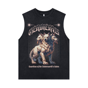 Mutation sleeveless t-shirt creepy wolves print surfer vest 00s Gothic tank top in acid wash black