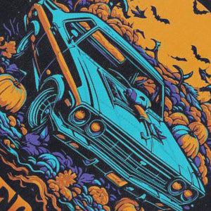 Halloween sleeveless t-shirt retro car print surfer vest 80s motorsports tank top in acid wash black