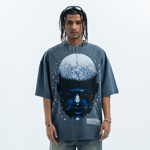 Cyberpunk t-shirt creepy psychedelic top man print tee in blue
