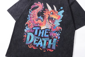 Dragon cartoon t-shirt death slogan tee retro monster top in vintage grey