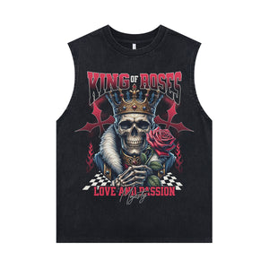 King slogan sleeveless t-shirt 80s skeleton surfer vest metalcore tank top in acid wash black