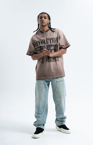 Wild West t-shirt revolution slogan top grunge American tee in beige