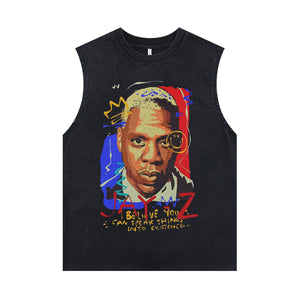 Jay Z sleeveless t-shirt vintage rapper vest hip-hop tank top in acid wash black