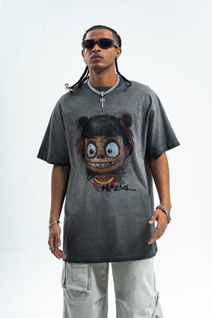 Scary cartoon t-shirt creepy anime top grunge retro horror tee in Grey