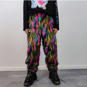 Striped neon fur joggers raver pants fluffy zebra trousers skiing fleece tie-dye overalls festival bottoms burning man pants in black pink