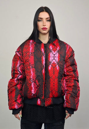 Snake print varsity jacket brown python reversible bomber