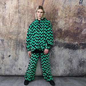 Zigzag fleece jacket green hooded geometric bomber luxury grunge coat detachable sleeves handmade stripe pattern overcoat fuzzy festival set