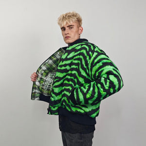 Spider web print bomber green plaid check jacket punk reversible college varsity detachable sleeves handmade creepy grunge tartan coat