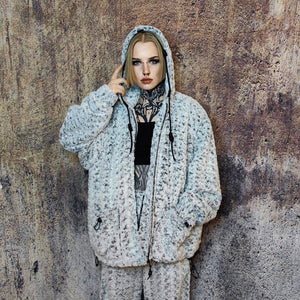 Fluffy fleece joggers grey geometric trousers luxury rose pattern pants handmade party hotpants distressed festival set raver tracksuit