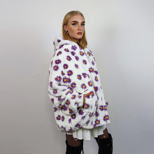 Floral fleece jacket white daisy print bomber fluffy sunflower pullover handmade rave festival overcoat grunge fuzzy hoodie