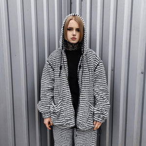 Geometric fleece jacket hooded fluffy bomber luxury striped coat detachable sleeves handmade removable sleeves overcoat fuzzy festival set