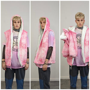 Reversible fleece jacket cream tie-dye bomber pink hood faux fur retro geometric coat detachable sleeve overcoat fluffy golden festival set